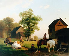 Tjarda van Starckenborgh Stachouwer J.N. Boerenerf met figuren en vee, olie op doek 63,6 x 76,5 cm, gesigneerd r.o. en gedateerd 1857.